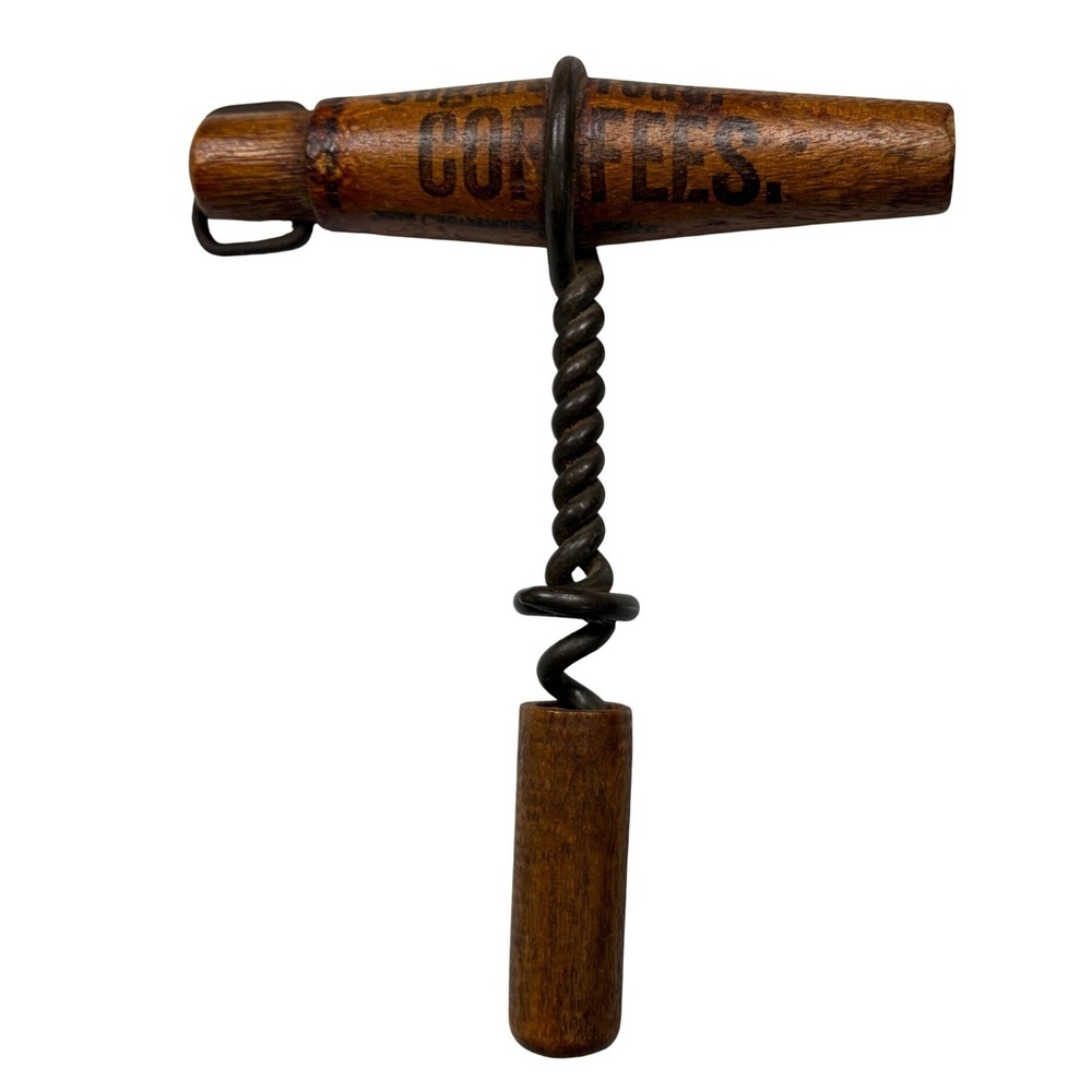 Antique Advertising Corkscrew Sugars Teas Coffees Wooden Handle PLEASE READ